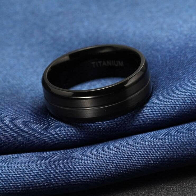 Black Brushed Grooved Titanium Men's Wedding Band-Evani Naomi Jewelry