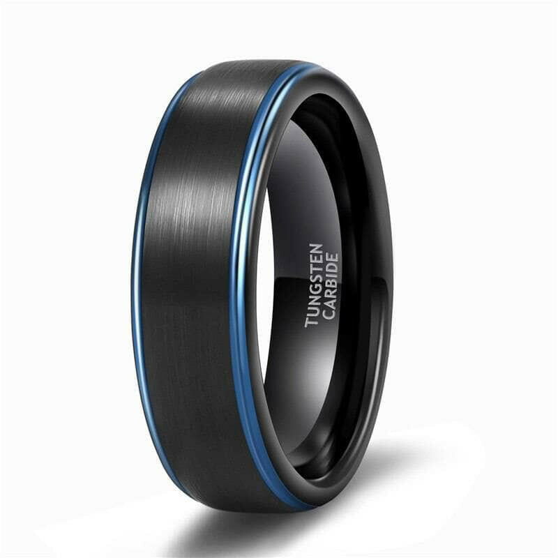 Black Brushed Tungsten Men's Wedding Band with Blue Edge-Evani Naomi Jewelry