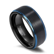 Black Brushed Tungsten Men's Wedding Band with Blue Edge-Evani Naomi Jewelry