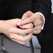 Black Brushed Tungsten Men's Wedding Band with Blue Edge-Evani Naomi Jewelry