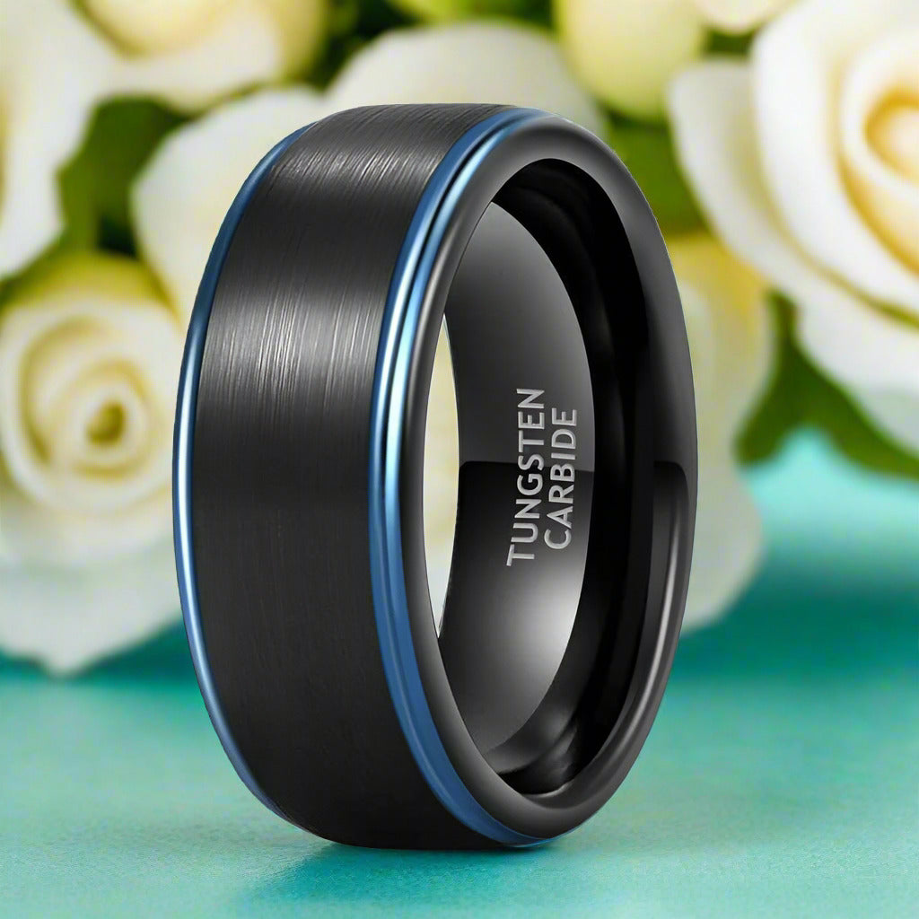 Black Brushed Tungsten Men's Wedding Band with Blue Edge-Evani Naomi Jewelry