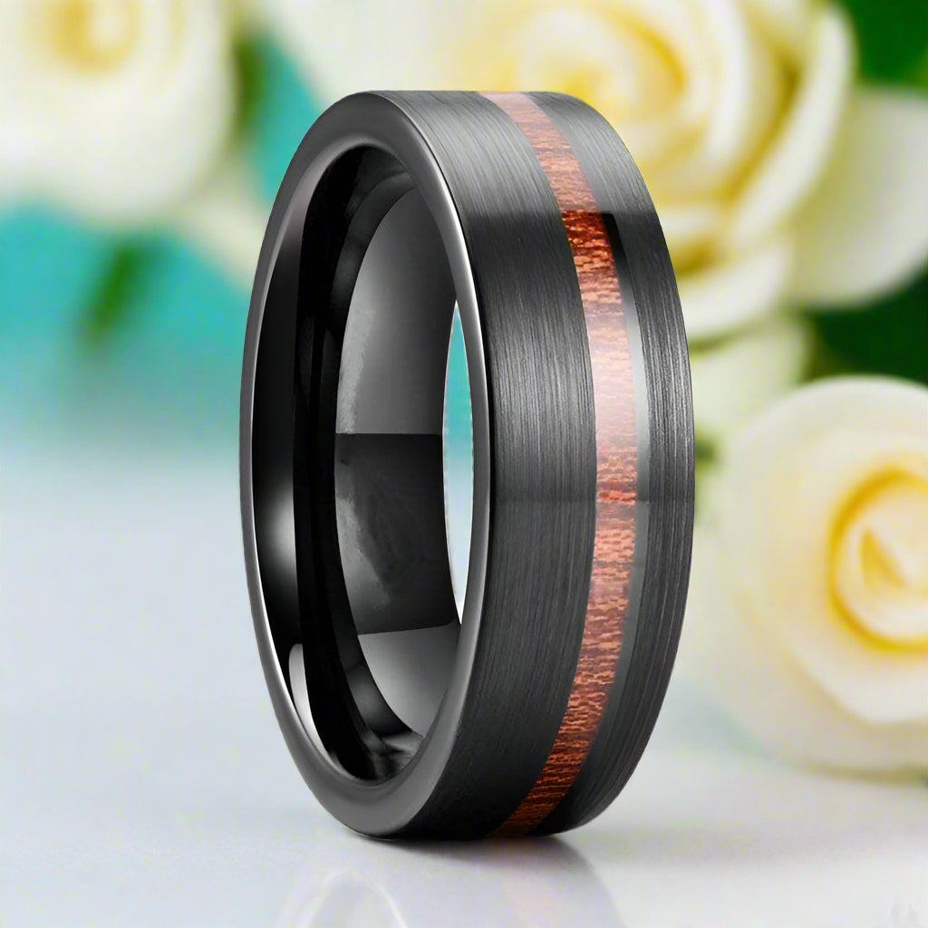 Black Brushed Unisex Tungsten Wedding Band with Wood Inlay-Evani Naomi Jewelry