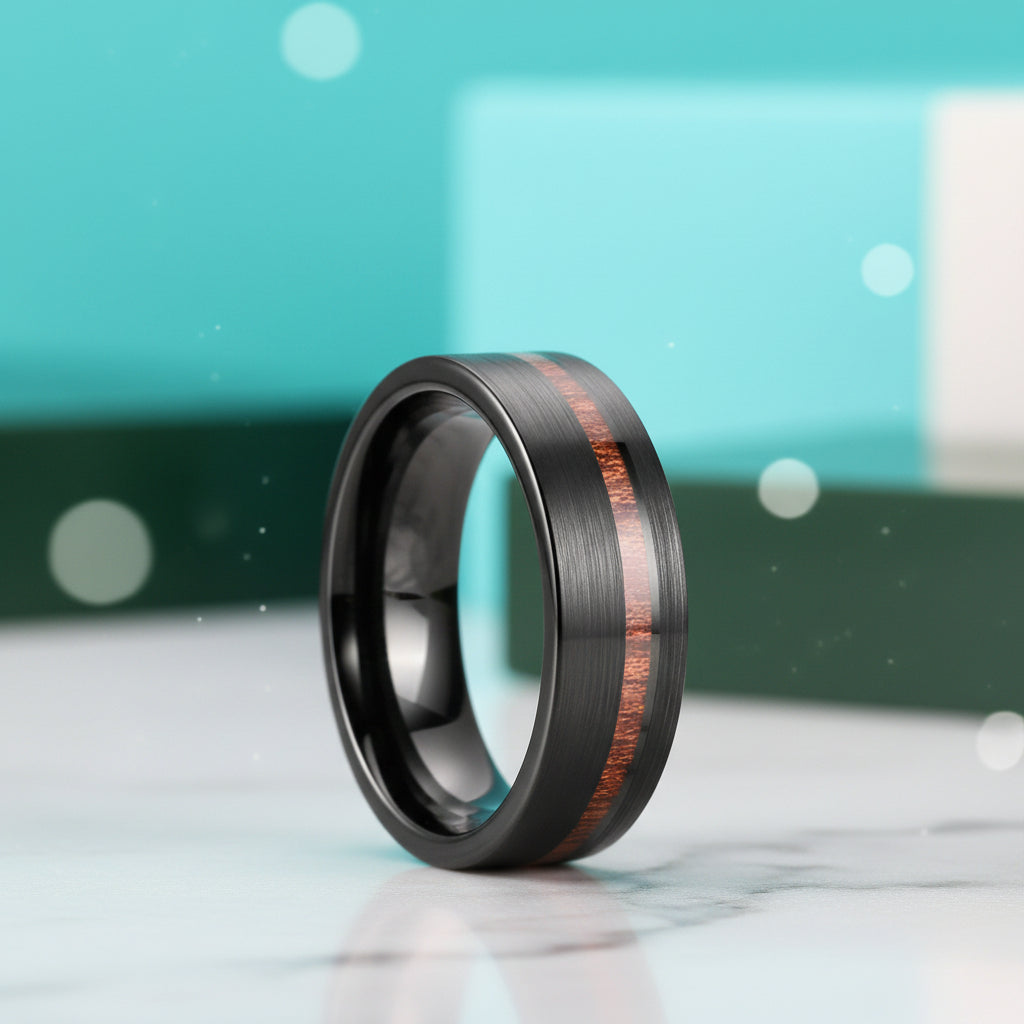 Black Brushed Unisex Tungsten Wedding Band with Wood Inlay-Evani Jewelry