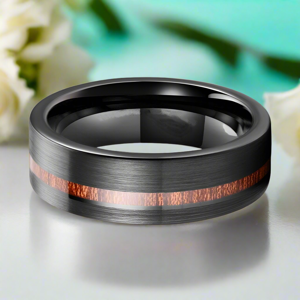 Black Brushed Unisex Tungsten Wedding Band with Wood Inlay - Evani Naomi Jewelry