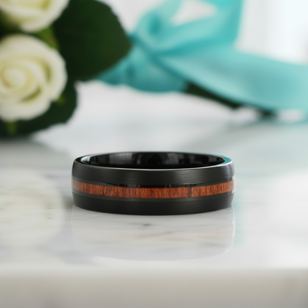 Black Brushed Unisex Tungsten Wedding Band with Wood Inlay-Evani Jewelry