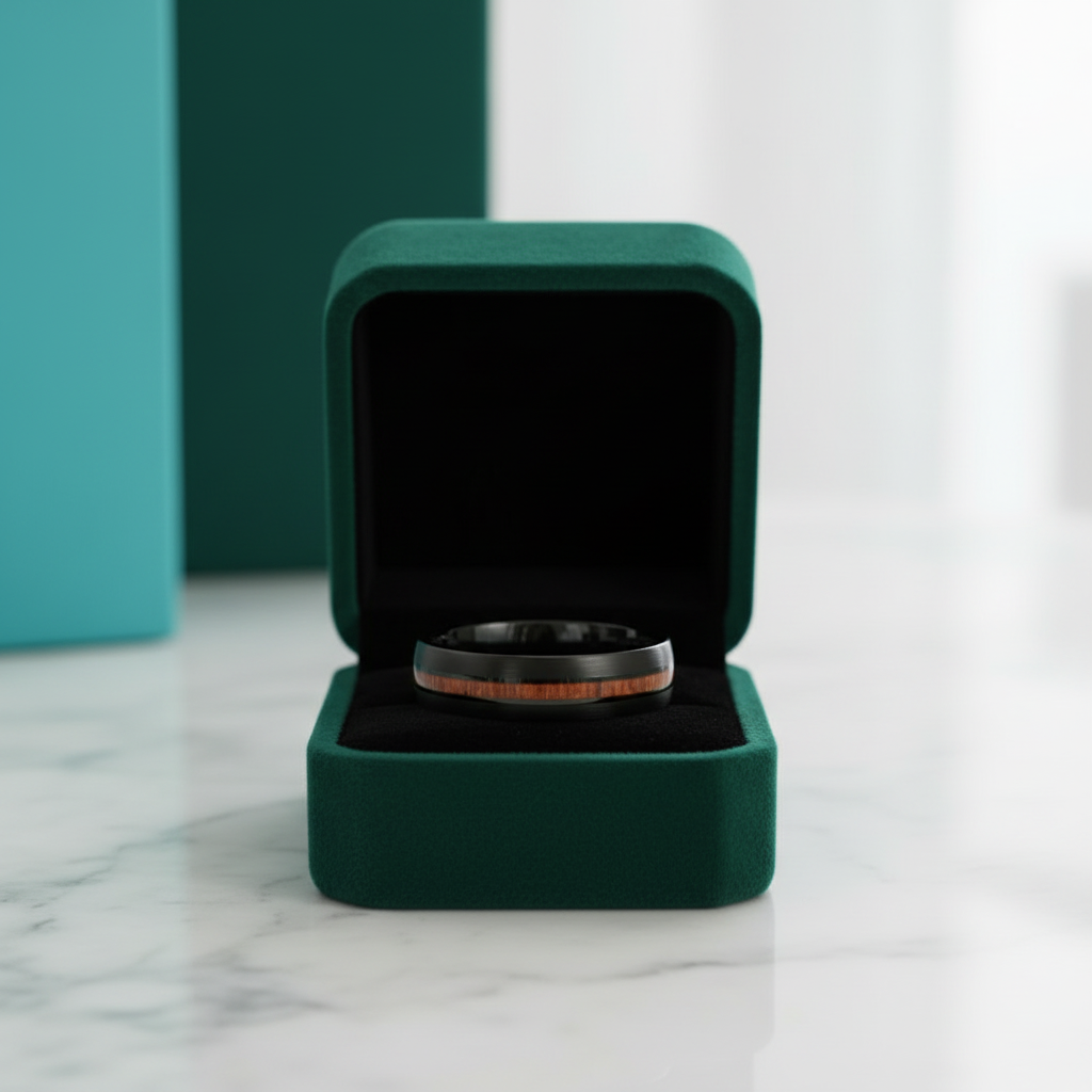 Black Brushed Unisex Tungsten Wedding Band with Wood Inlay - Evani Naomi Jewelry