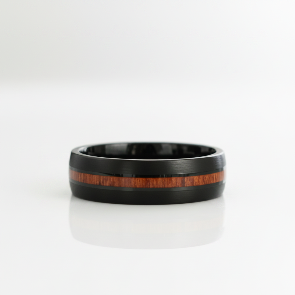 Black Brushed Unisex Tungsten Wedding Band with Wood Inlay - Evani Naomi Jewelry