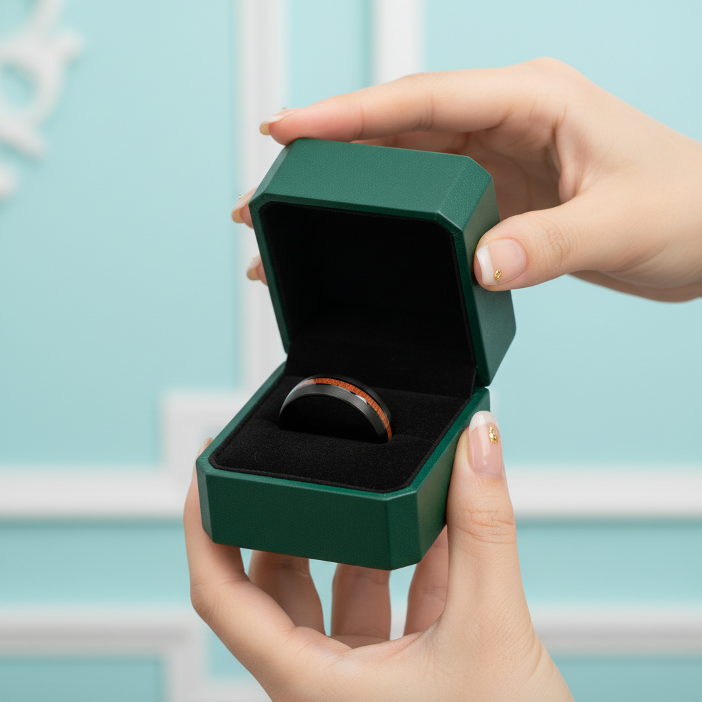 Black Brushed Unisex Tungsten Wedding Band with Wood Inlay - Evani Naomi Jewelry