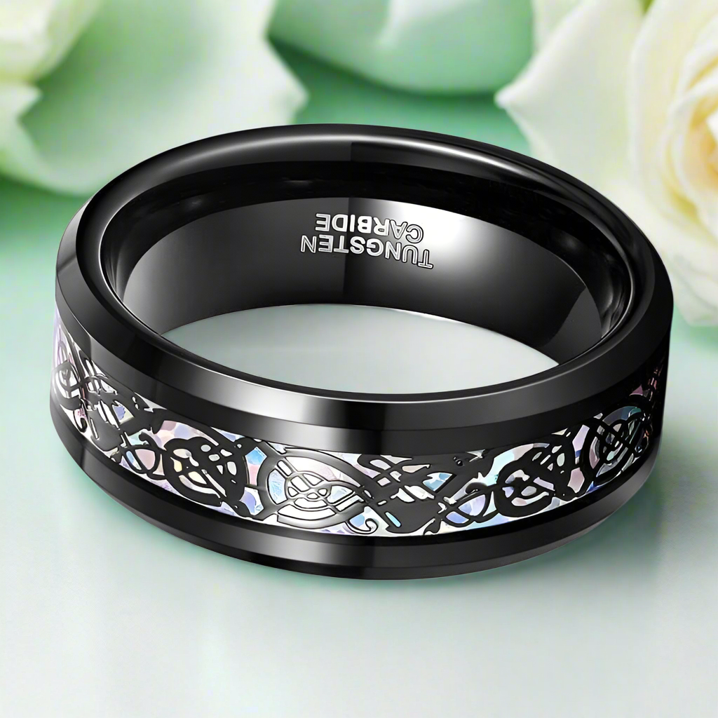 Black Celtic Dragon Inlay 8mm Tungsten Wedding Band - Evani Naomi Jewelry