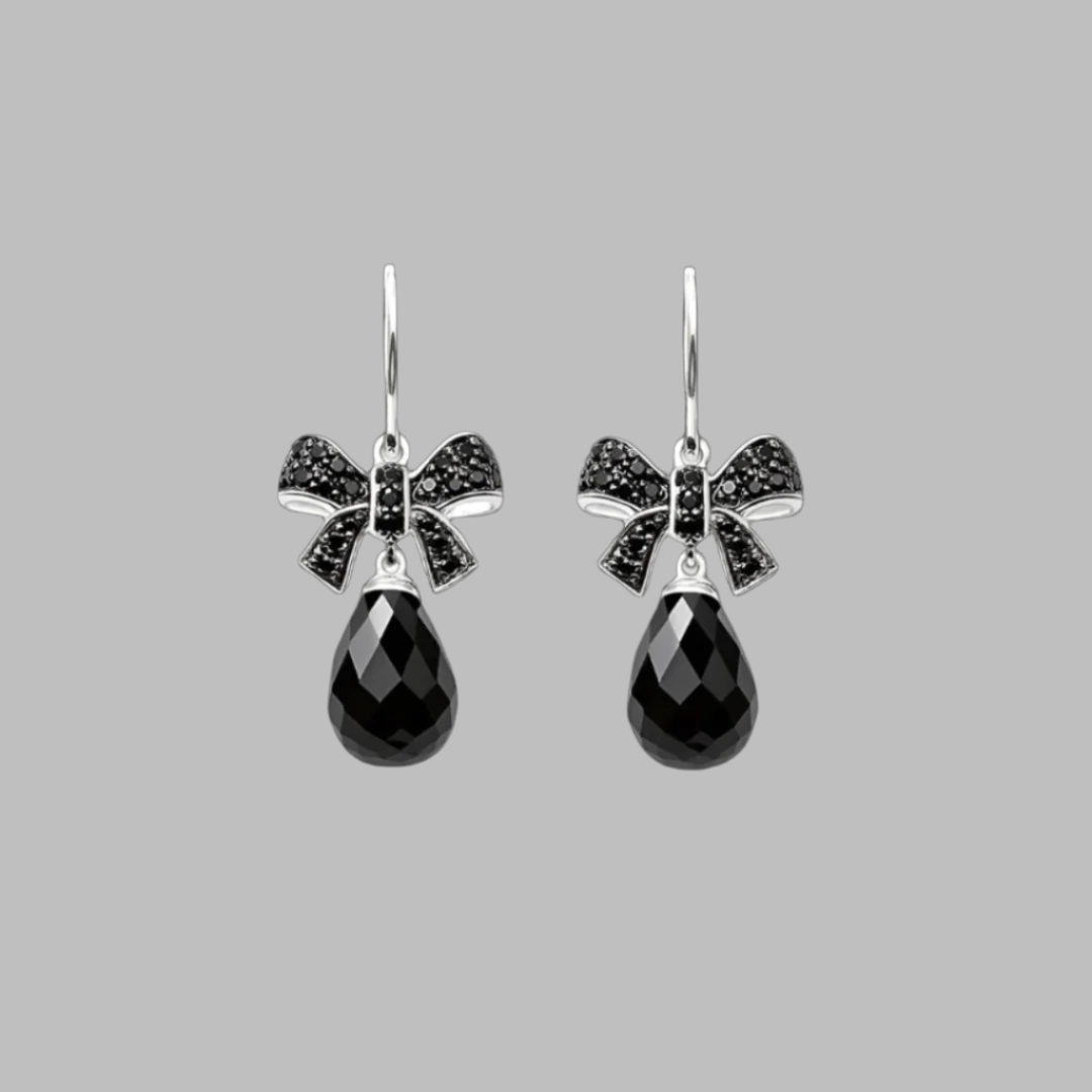 Black Diamond Bow Knot Water Drop Earrings-Evani Naomi Jewelry
