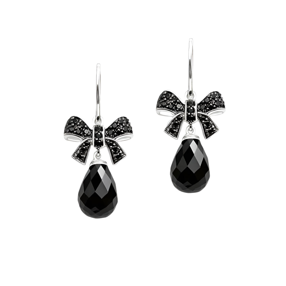 Black Diamond Bow Knot Water Drop Earrings-Evani Naomi Jewelry