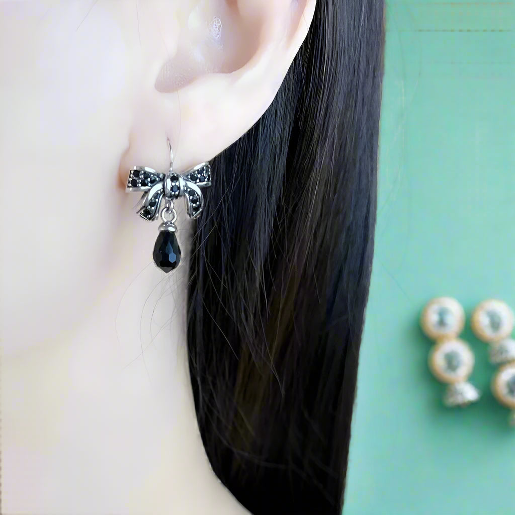 Black Diamond Bow Knot Water Drop Earrings-Evani Naomi Jewelry