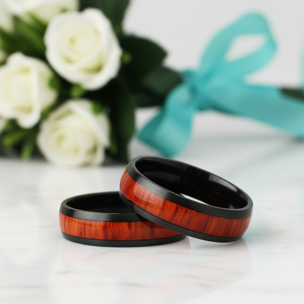 Black Domed Titanium Unisex Wedding Band with Wood Inlay-Evani Jewelry