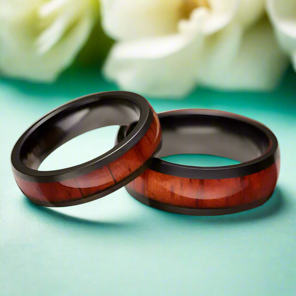 Black Domed Titanium Unisex Wedding Band with Wood Inlay-Evani Naomi Jewelry