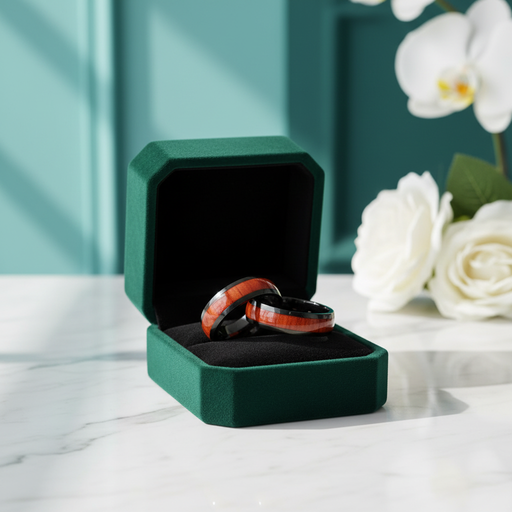 Black Domed Titanium Unisex Wedding Band with Wood Inlay - Evani Naomi Jewelry