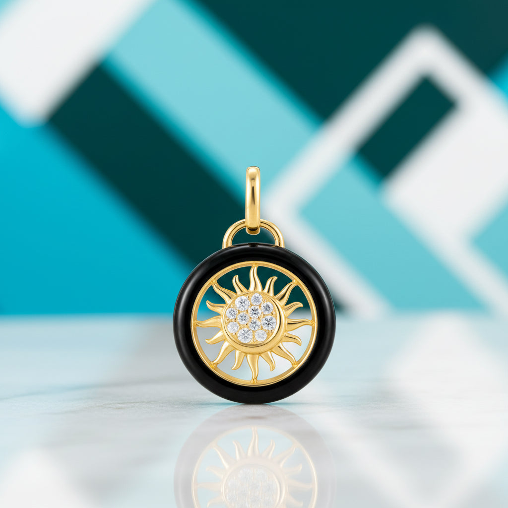 Black Enamel Round Diamond Delicate Sun Pendant-Evani Jewelry