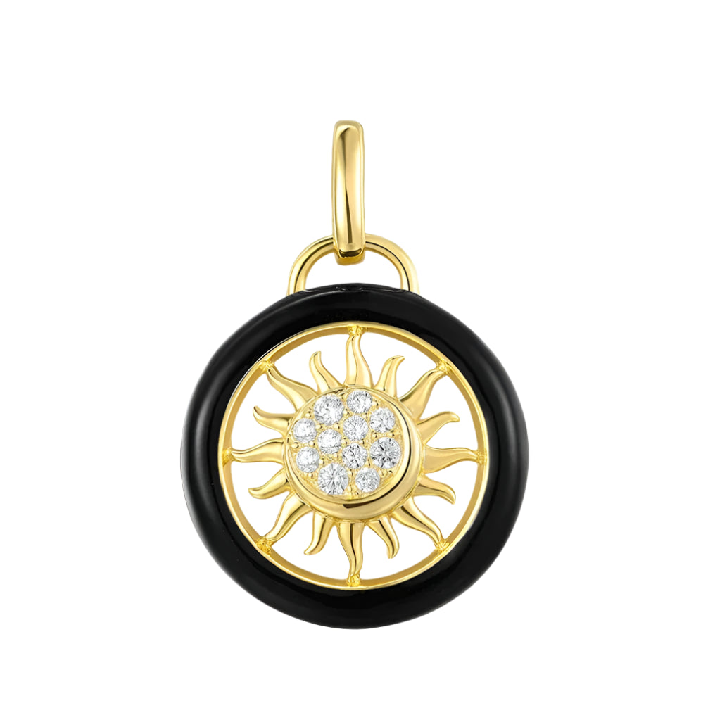 Black Enamel Round Diamond Delicate Sun Pendant-Evani Naomi Jewelry