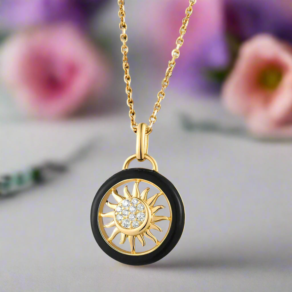 Black Enamel Round Diamond Delicate Sun Pendant-Evani Naomi Jewelry