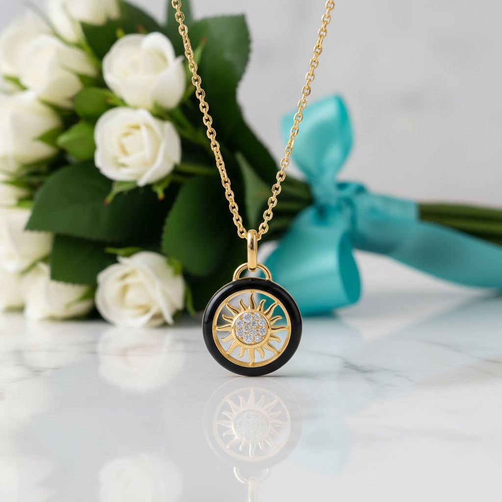 Black Enamel Round Diamond Delicate Sun Pendant-Evani Jewelry