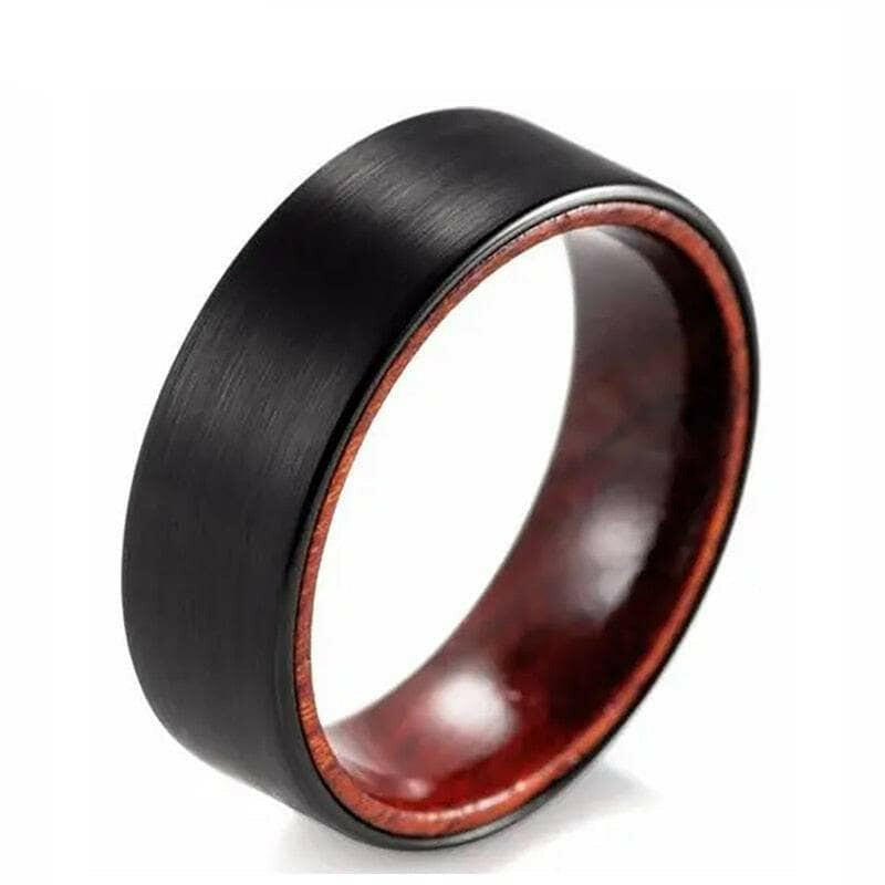 Black Flat Tungsten Men's Wedding Band with Inner Red Sandalwood-Evani Jewelry