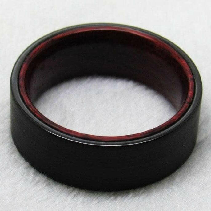 Black Flat Tungsten Men's Wedding Band with Inner Red Sandalwood-Evani Naomi Jewelry