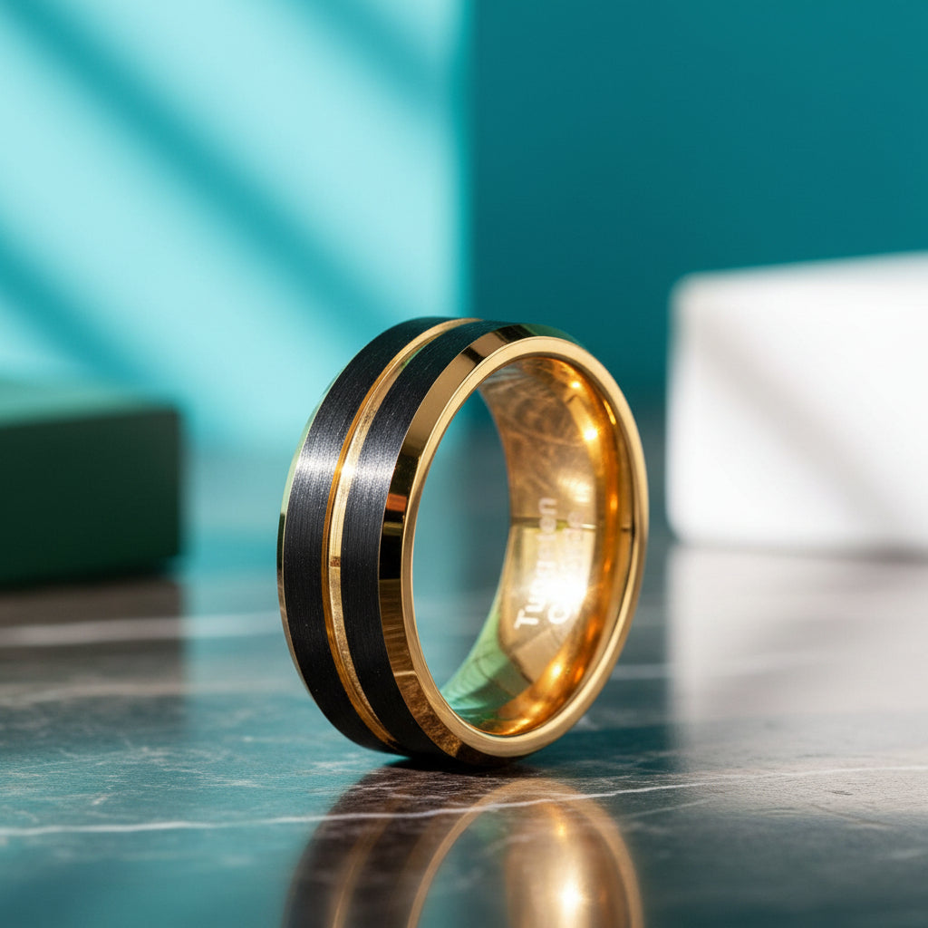 Black & Gold Beveled Edge Tungsten Men's Wedding Band-Evani Jewelry