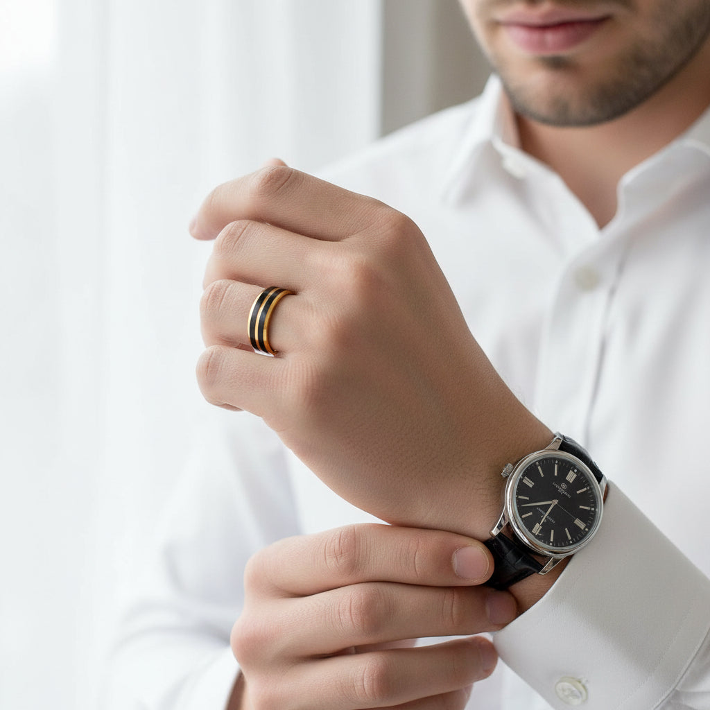 Black & Gold Beveled Edge Tungsten Men's Wedding Band-Evani Jewelry