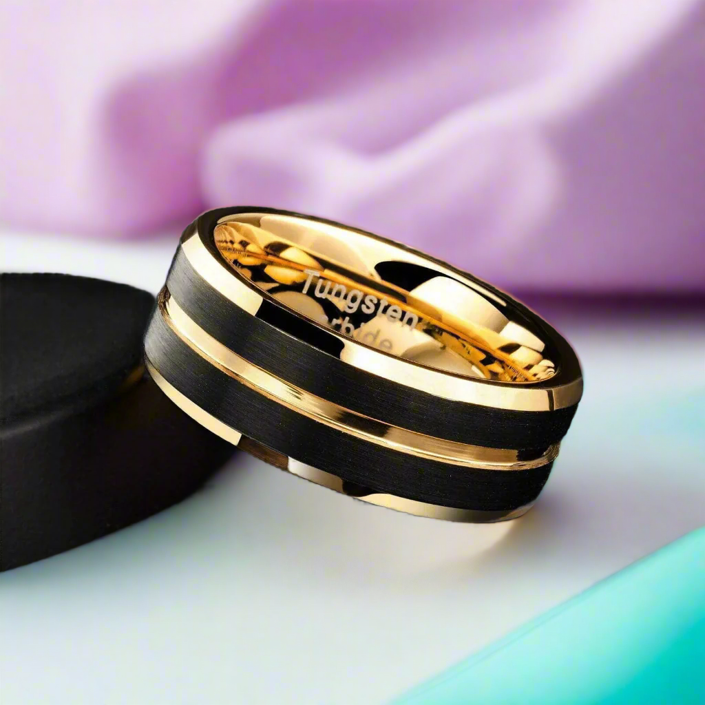 Black & Gold Beveled Edge Tungsten Men's Wedding Band-Evani Naomi Jewelry