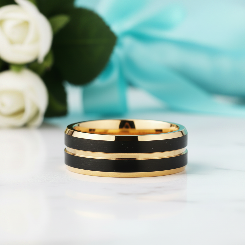 Black & Gold Beveled Edge Tungsten Men's Wedding Band-Evani Jewelry