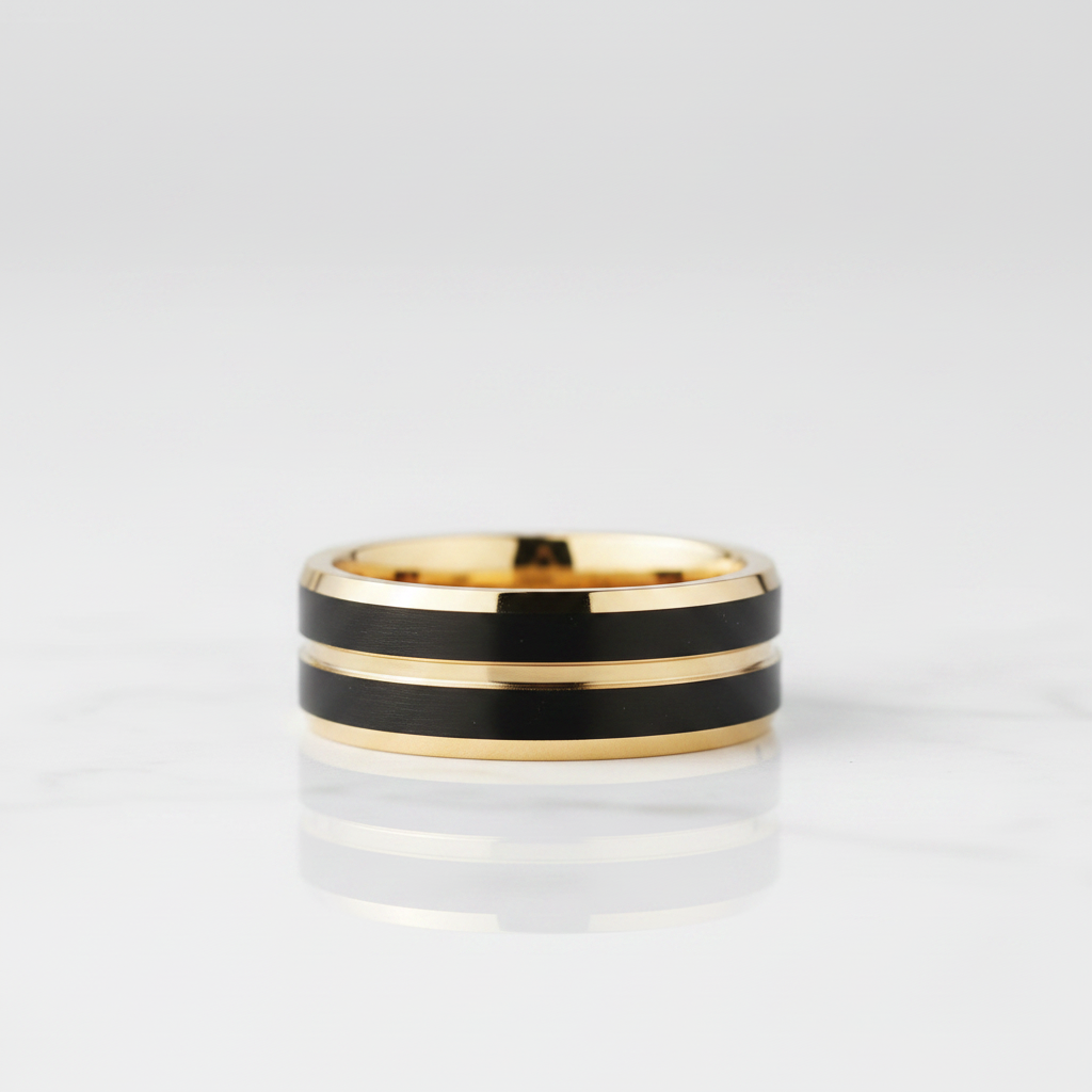 Black & Gold Beveled Edge Tungsten Men's Wedding Band - Evani Naomi Jewelry