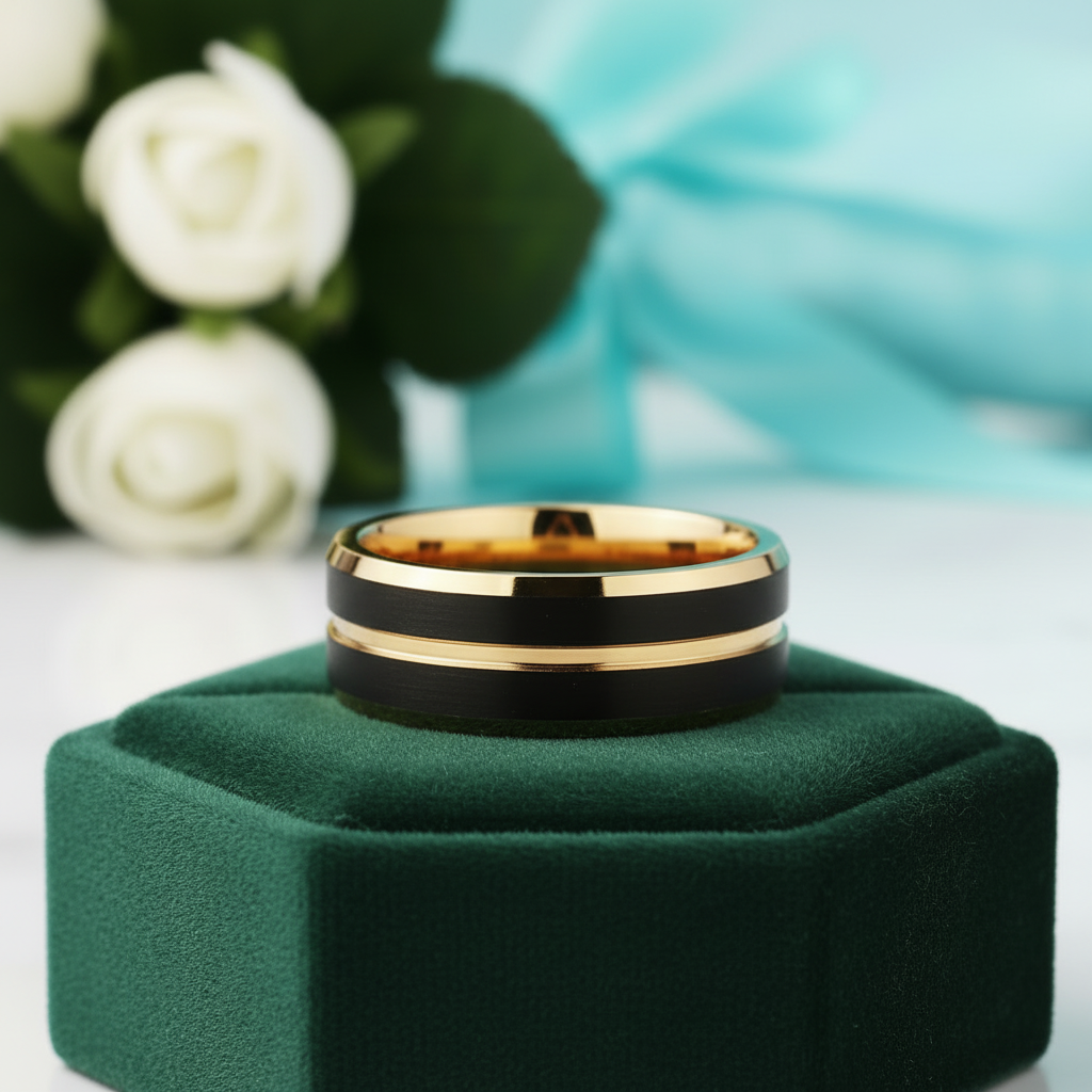 Black & Gold Beveled Edge Tungsten Men's Wedding Band - Evani Naomi Jewelry