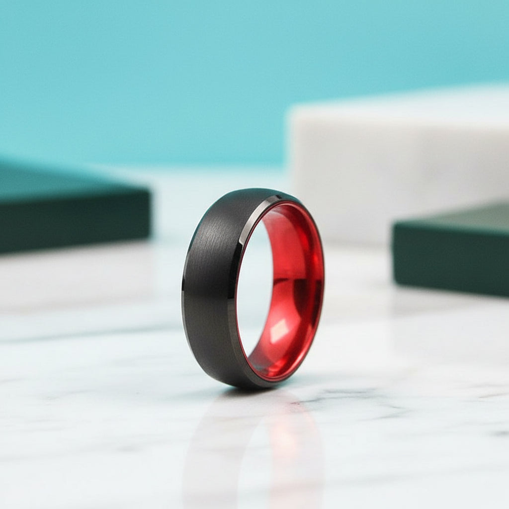 Black & Red Brushed Tungsten Men's Wedding Band-Evani Jewelry