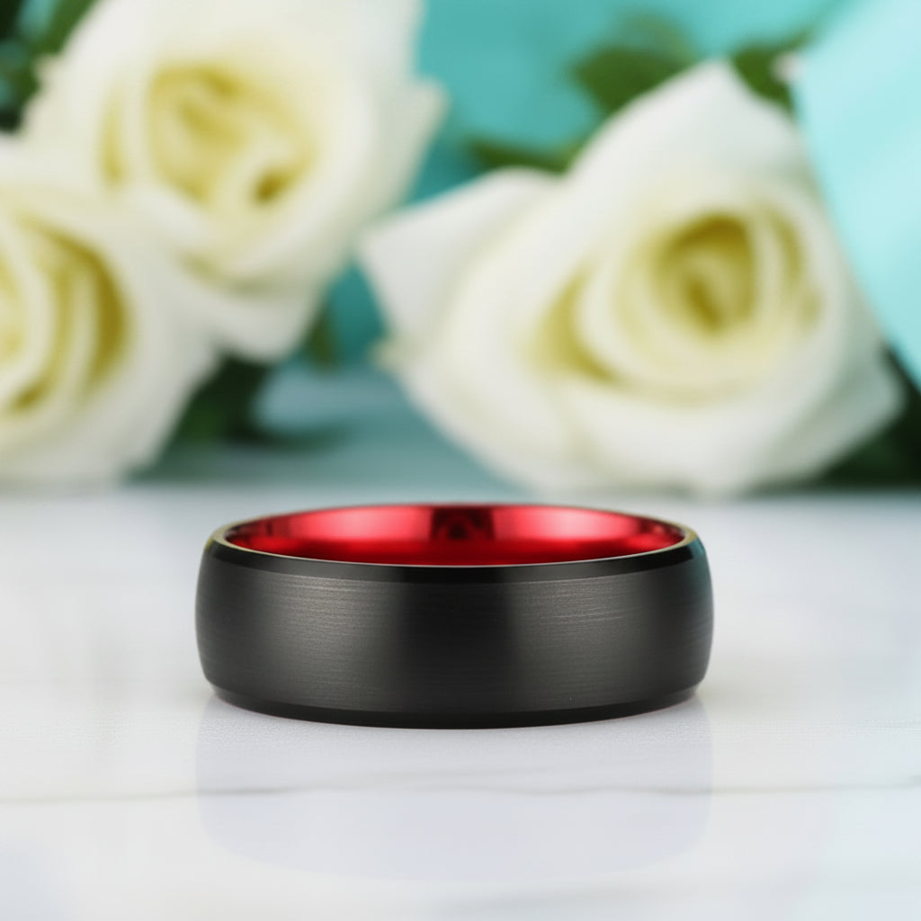 Black & Red Brushed Tungsten Men's Wedding Band-Evani Jewelry