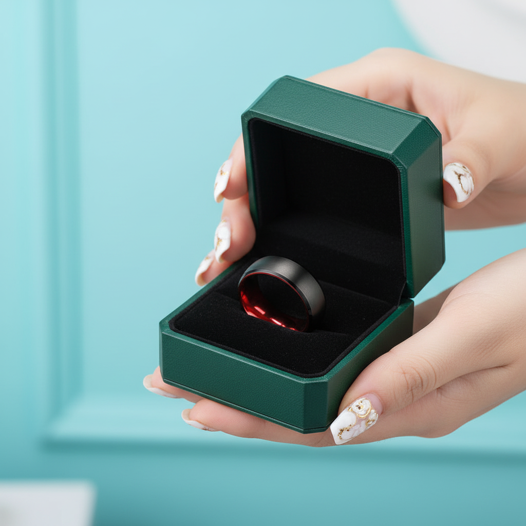 Black & Red Brushed Tungsten Men's Wedding Band - Evani Naomi Jewelry