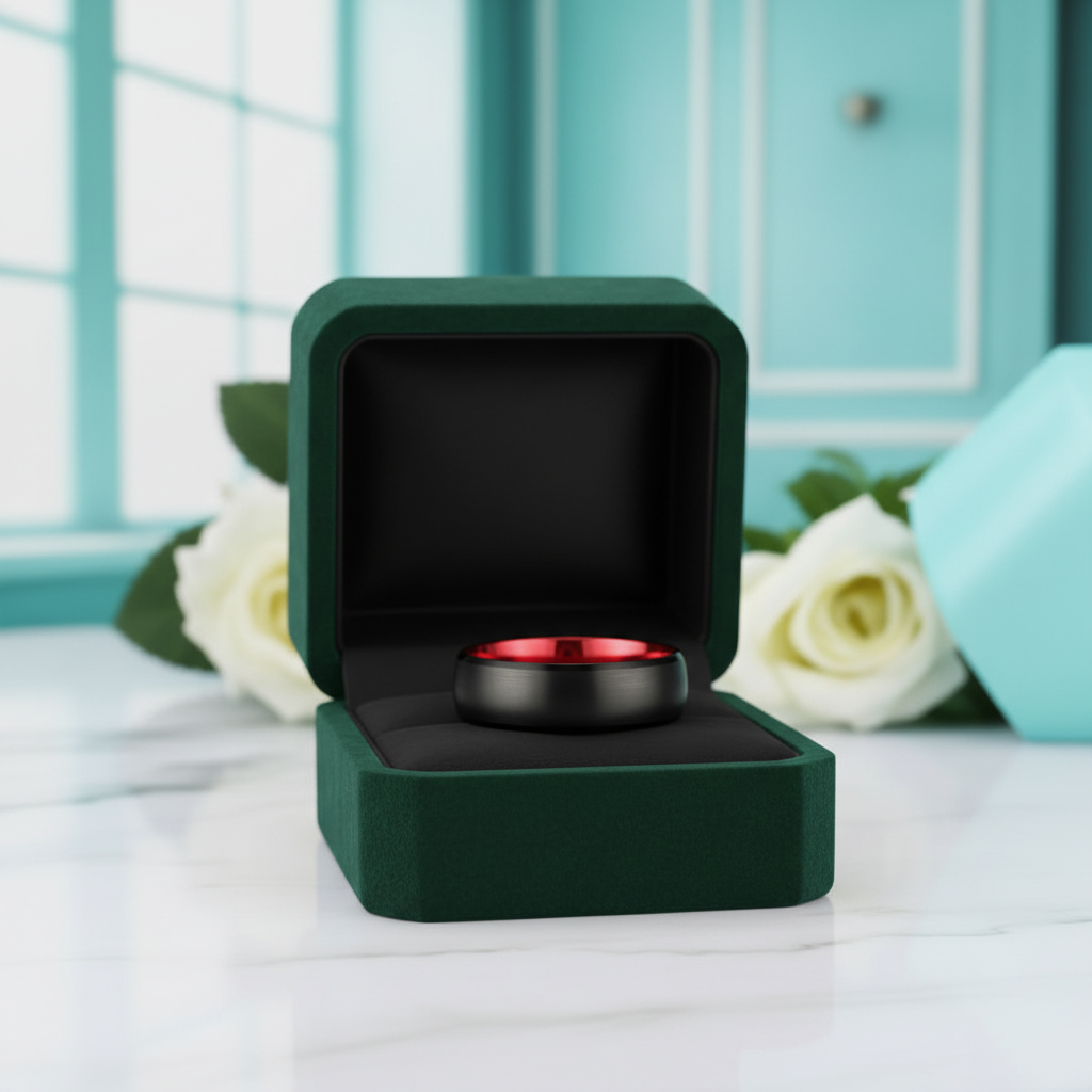 Black & Red Brushed Tungsten Men's Wedding Band - Evani Naomi Jewelry