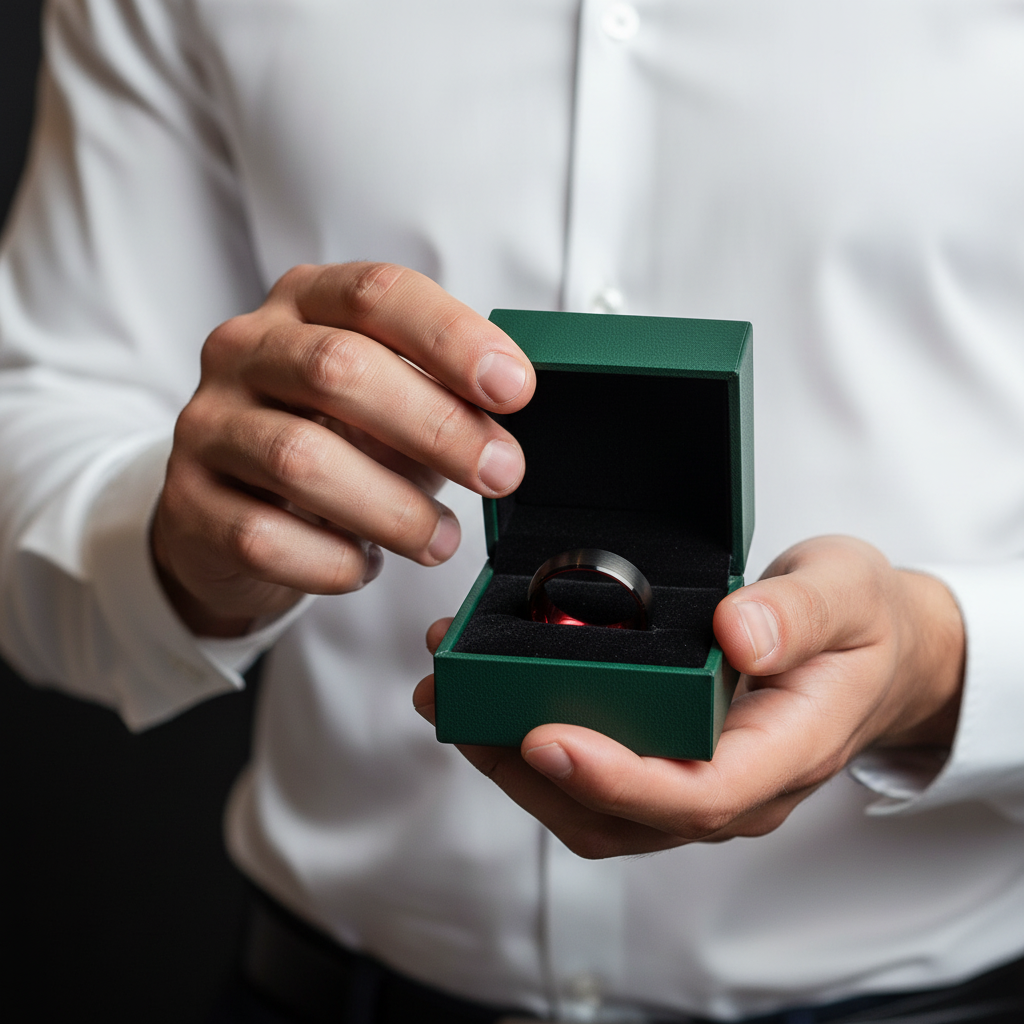 Black & Red Brushed Tungsten Men's Wedding Band - Evani Naomi Jewelry