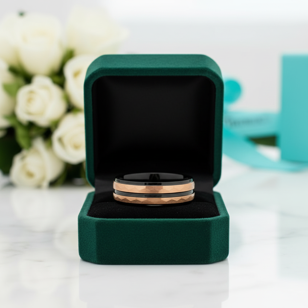 Black & Rose Gold Facet Finish 8mm Tungsten Wedding Band - Evani Naomi Jewelry