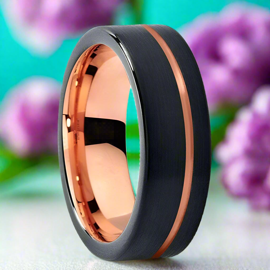 Black & Rose Gold Pipe Cut Brushed Polish Tungsten Wedding Band-Evani Naomi Jewelry