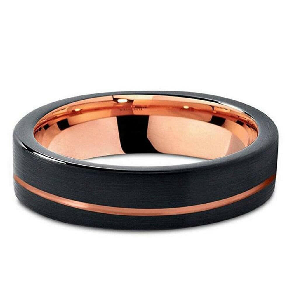 Black & Rose Gold Pipe Cut Brushed Polish Tungsten Wedding Band-Evani Naomi Jewelry