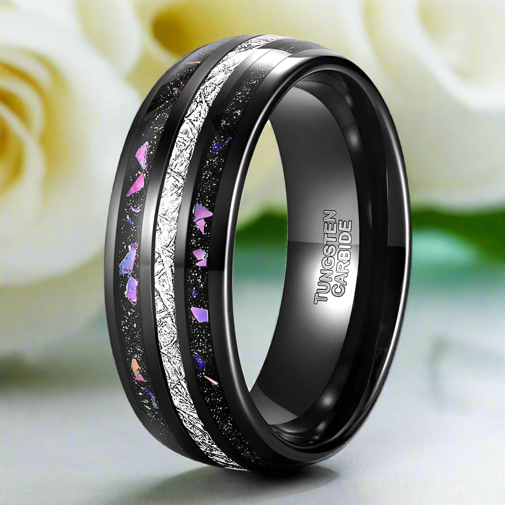 Black Sand & Stone Base Men's Tungsten Wedding Band-Evani Naomi Jewelry