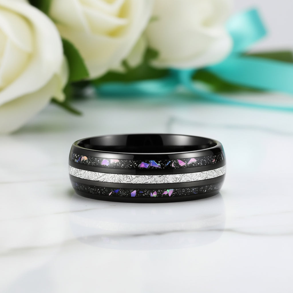 Black Sand & Stone Base Men's Tungsten Wedding Band-Evani Jewelry