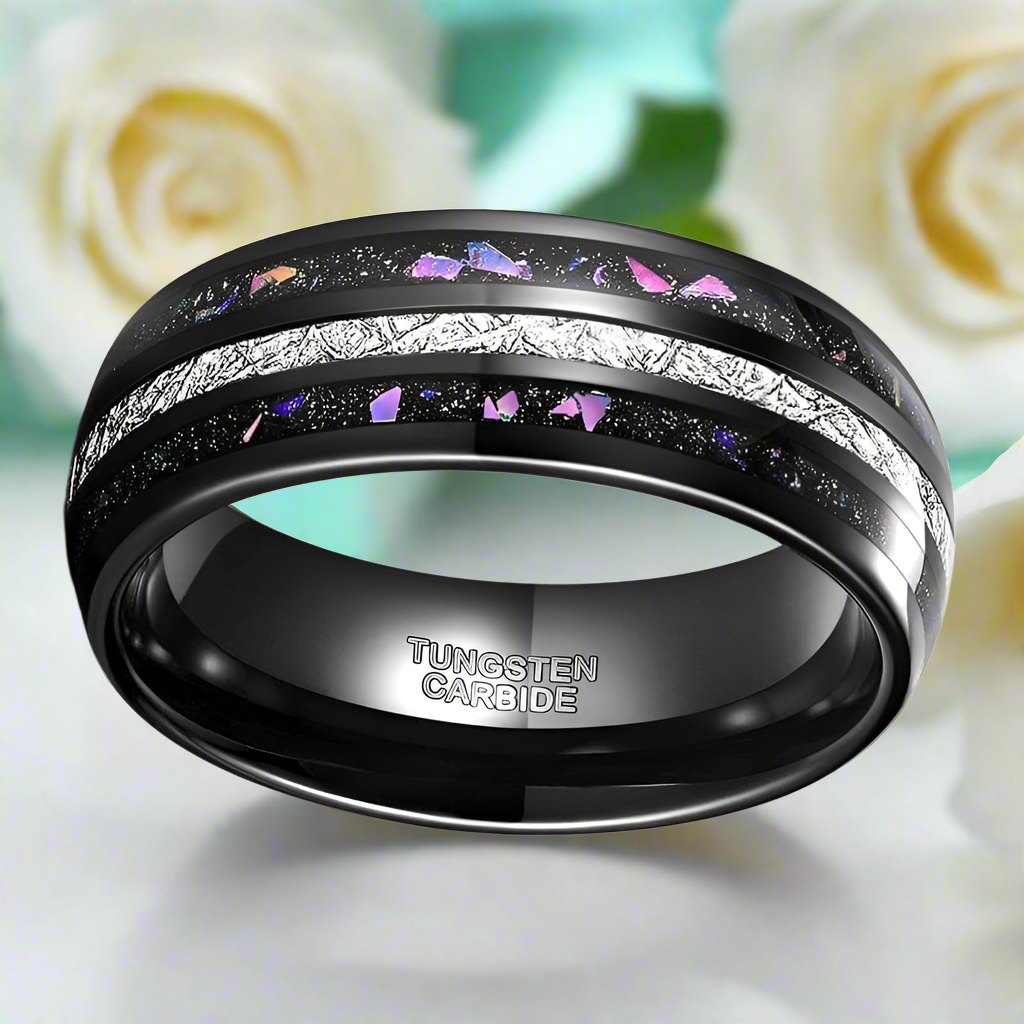 Black Sand & Stone Base Men's Tungsten Wedding Band - Evani Naomi Jewelry