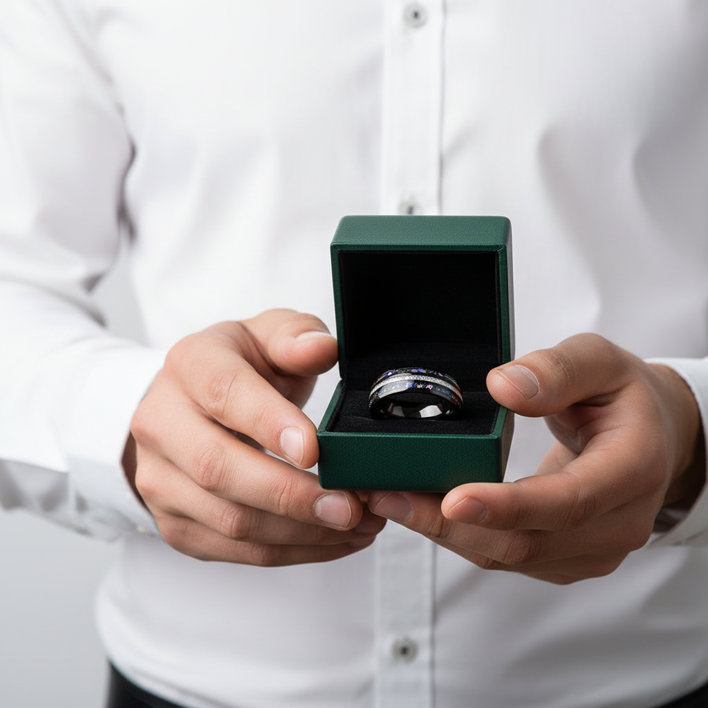 Black Sand & Stone Base Men's Tungsten Wedding Band - Evani Naomi Jewelry