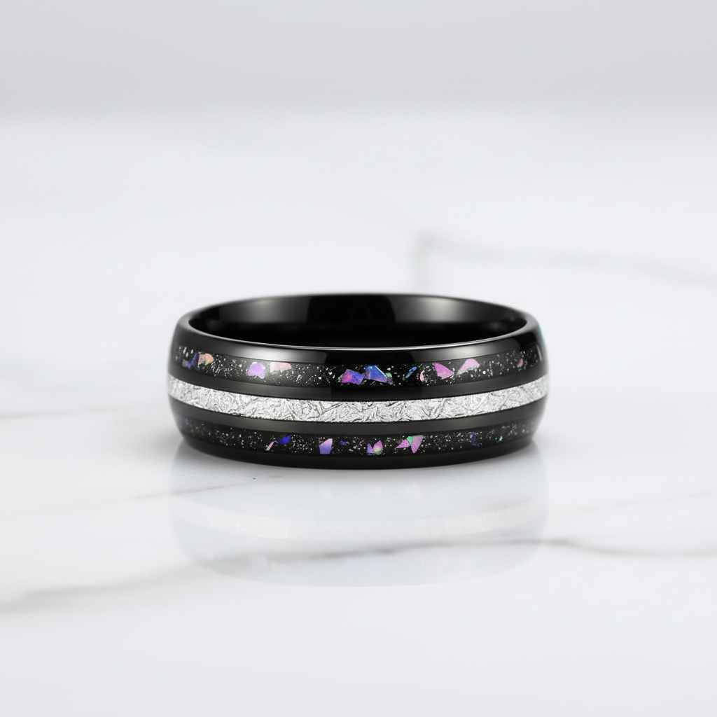Black Sand & Stone Base Men's Tungsten Wedding Band - Evani Naomi Jewelry