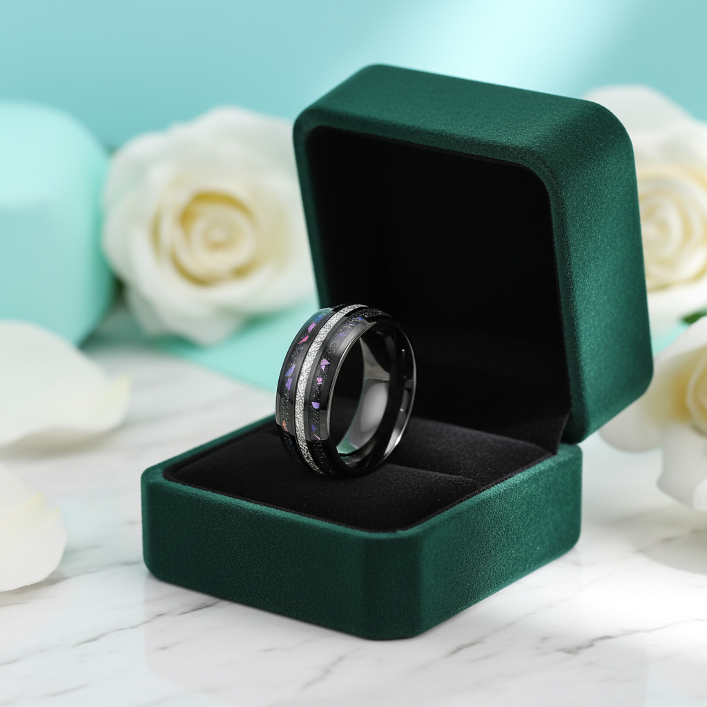 Black Sand & Stone Base Men's Tungsten Wedding Band - Evani Naomi Jewelry