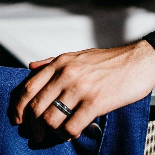 Black Sand & Stone Base Men's Tungsten Wedding Band-Evani Naomi Jewelry