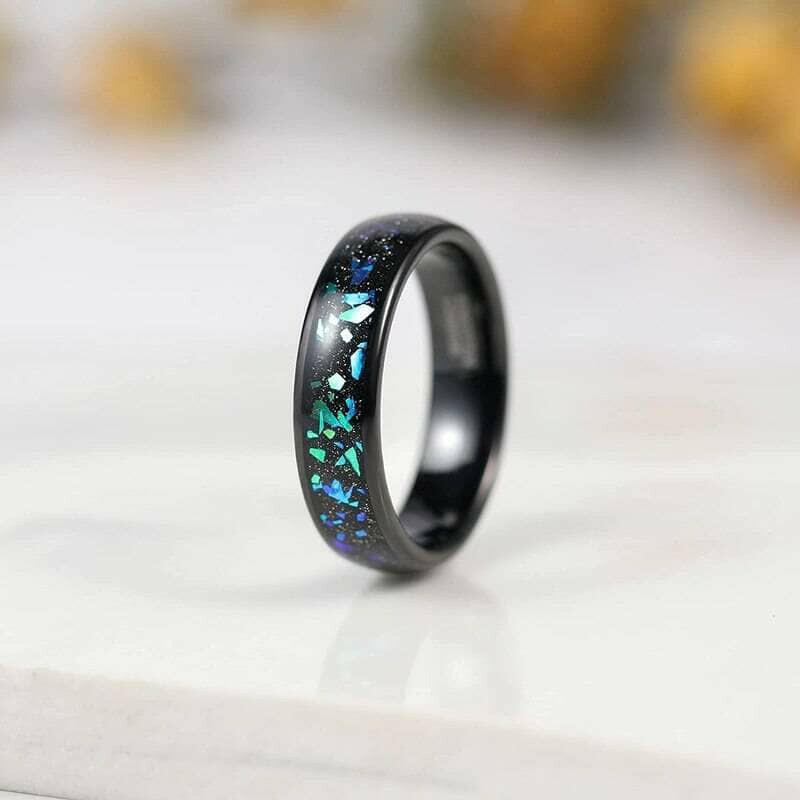 Black Sand Unisex Tungsten Wedding Band with Opal Inlay-Evani Naomi Jewelry