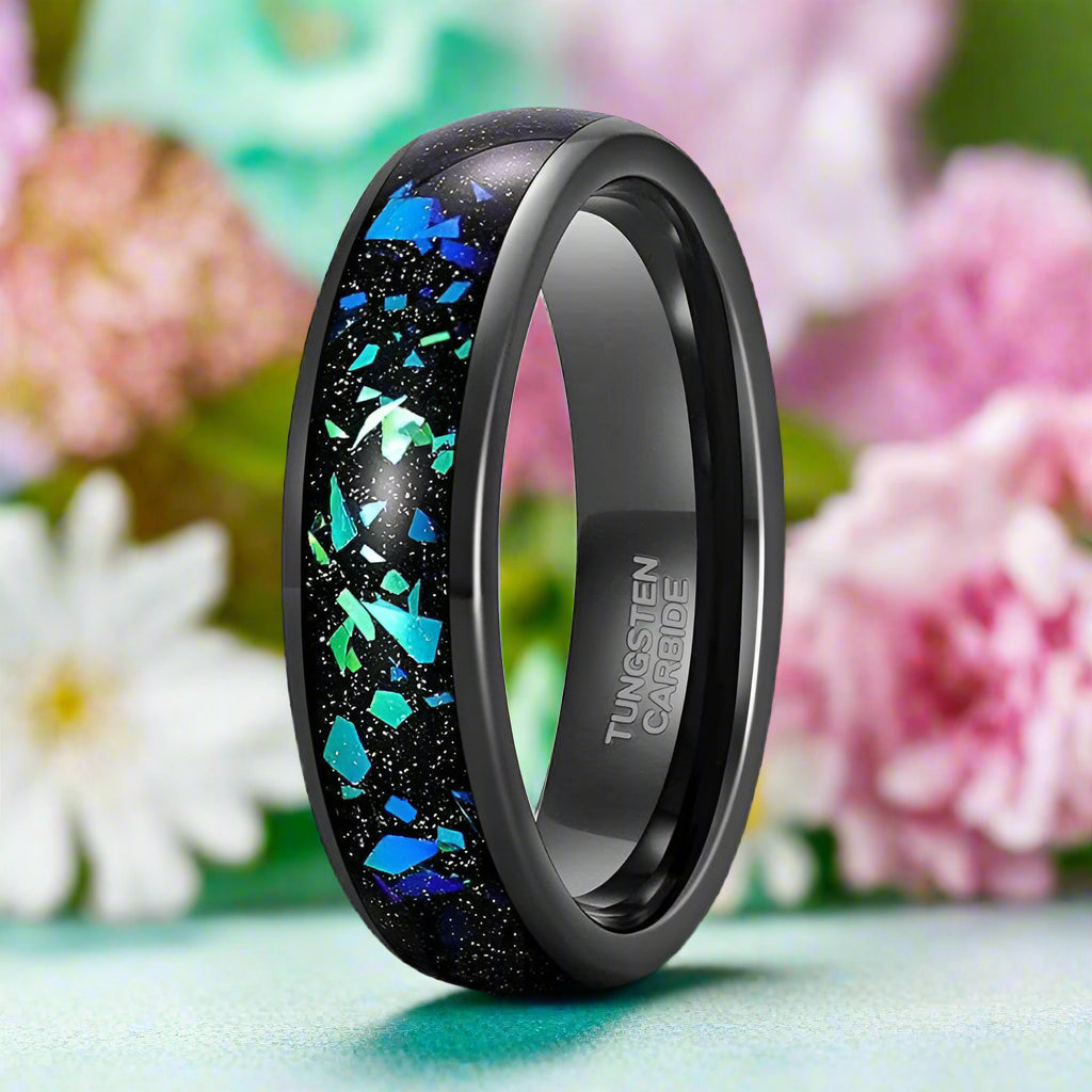 Black Sand Unisex Tungsten Wedding Band with Opal Inlay-Evani Jewelry