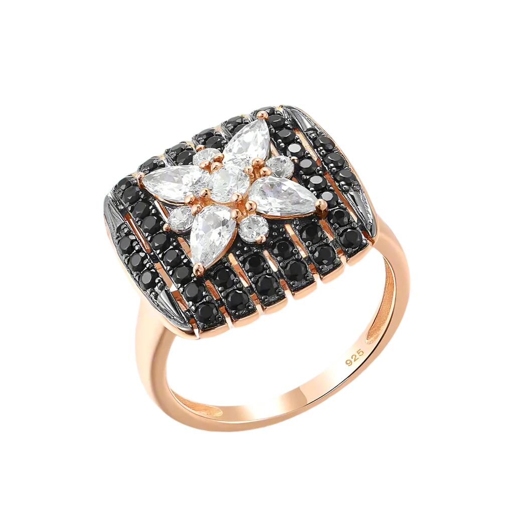 Black Spinel & Diamond Flower Ring-Evani Jewelry