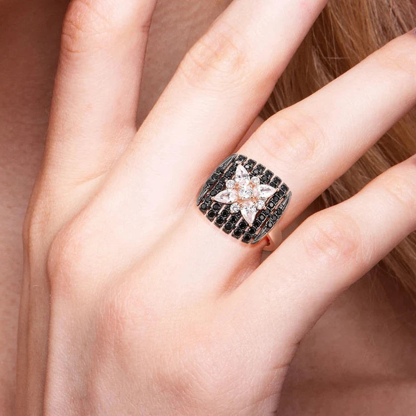 Black Spinel & Diamond Flower Ring-Evani Naomi Jewelry